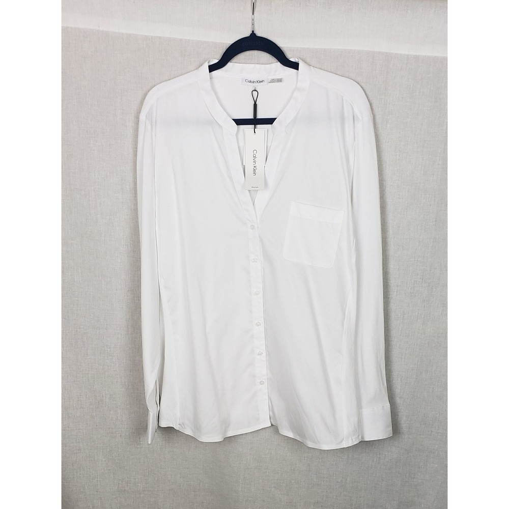 Calvin Klein Womens 2X White Long Sleeve Mixed Media Button Front Blouse Classic